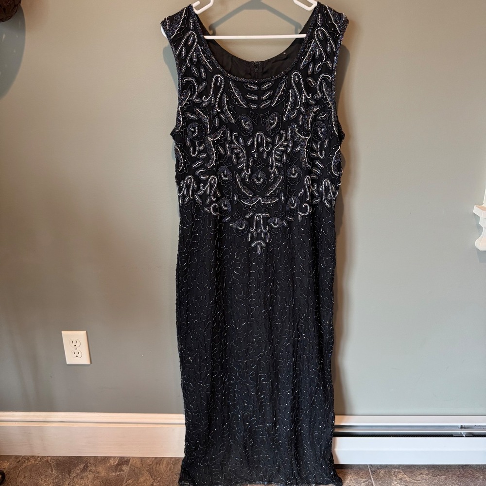 Vintage Beaded Whimsigoth Silk Maxi Dress Black Silver Iridescent Formal Gown - Picture 3 of 16